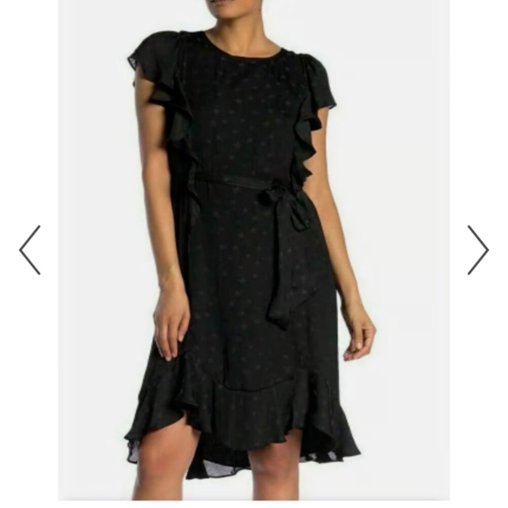 Black on Black Star Print Ruffle Trim Belted Dress - Medium